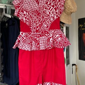 Red and White Patterned Peplum Dress